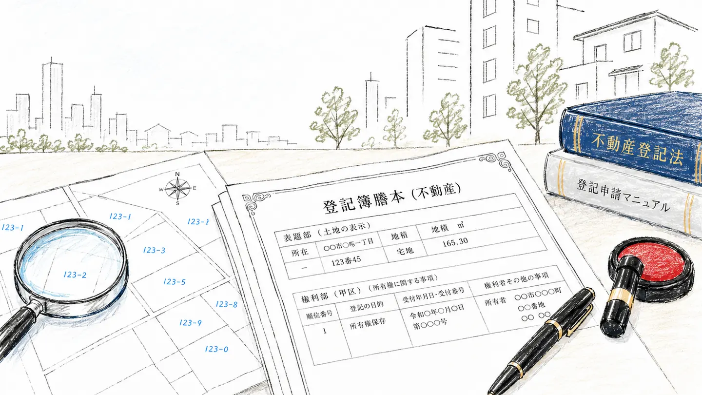 登記簿謄本と公図、不動産登記法の書籍を机上に並べたイラスト。登記受付帳の記載事項変更を解説する記事のイメージ
