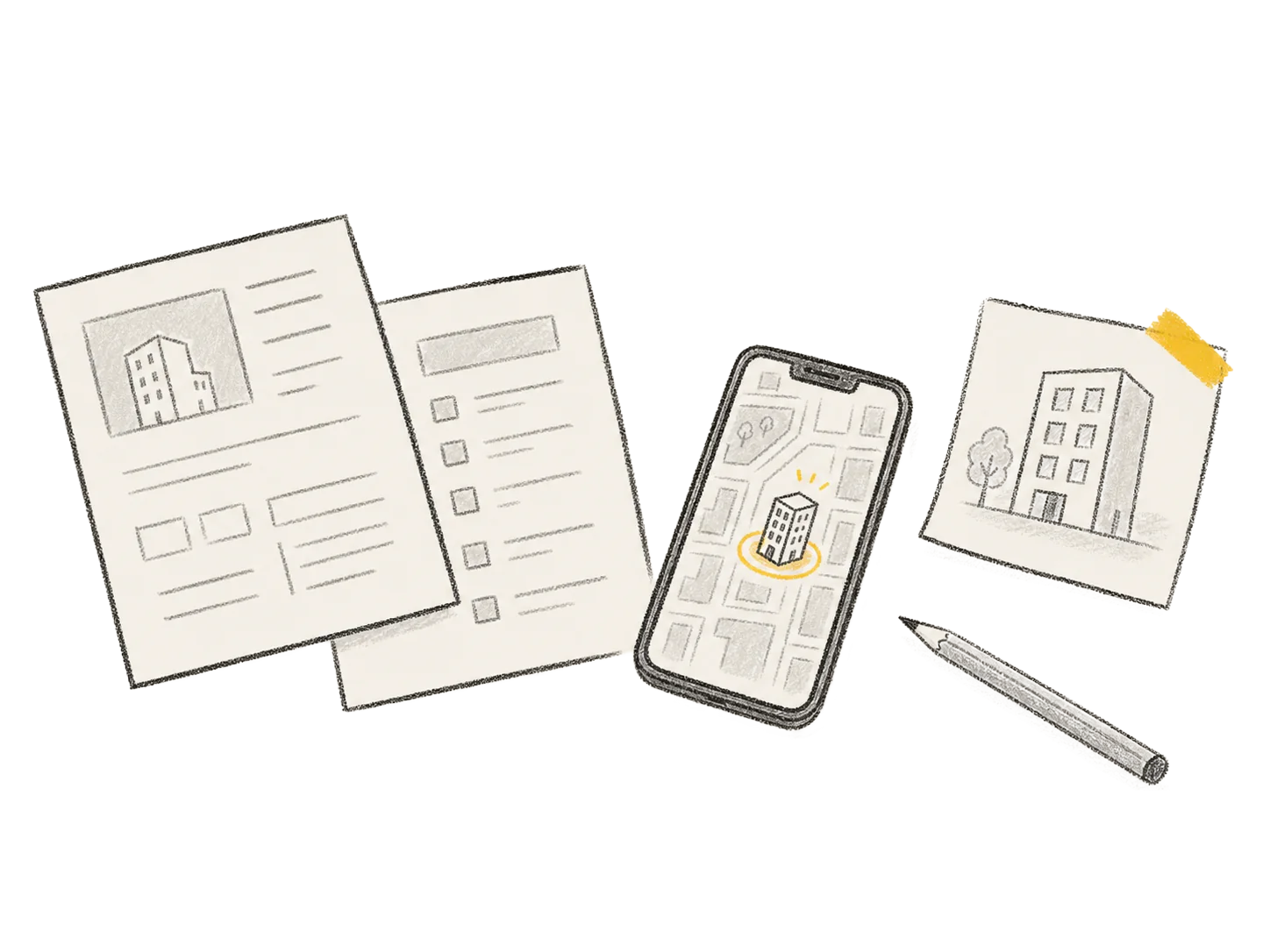 書類とスマホと建物メモが机に置かれたFAQ用イラスト